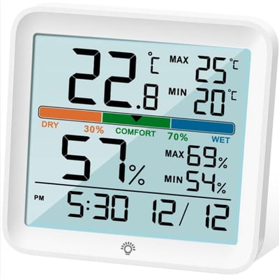 Hygrometer Binnen Digitaal - Luchtvochtigheidsmeter Binnen - Kamerthermometer - Temperatuur Meter - Kalibratie - Nachtlicht - Wit