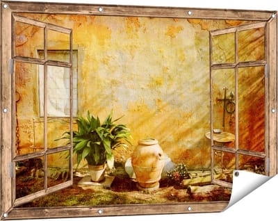 Gards Tuinposter Doorkijk Oude Stenen Muur - 120x80 cm - Tuindoek - Tuindecoratie - Wanddecoratie buiten - Tuinschilderij