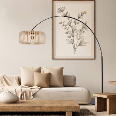 Zwarte Vloerlamp met Uitschuifbare Bamboe Kap 240cm - Breeza-Beache 4149ZW - Steinhauer - Trendy en In hoogte verstelbaar