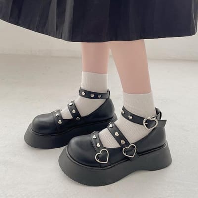 Doux Lolita chaussures plate-forme tête ronde talon épais pansement femmes chaussures Vintage Kawaii chaussures Cosplay Mary Jane chaussures boucle coeur 35 gray