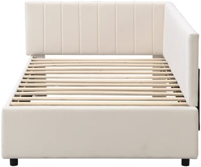 Merax Bedbank 90x200 cm - Multifunctioneel Bed met Lattenbodem - Zacht Beige Velours Stof - Comfortabel en Elegant Design