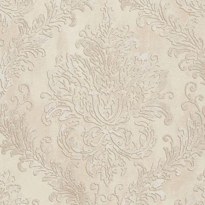 Barok behang Profhome 790495-GU vliesbehang hardvinyl warmdruk in reliëf licht gestructureerd met ornamenten glinsterend crème beige parelwit 5,33 m2