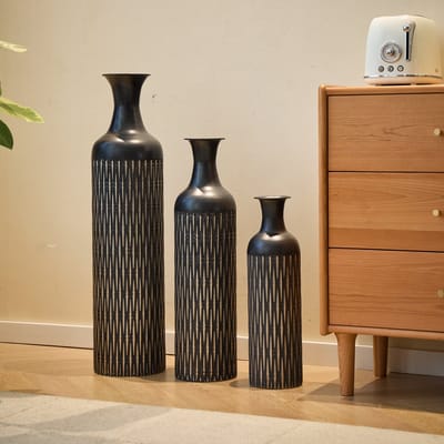 Vaas Set 3-delig - Grote Deko Vazen - Rillenpatroon - Plantenpotten voor Planten - Woonkamer & Gang - Metaal - Zwart