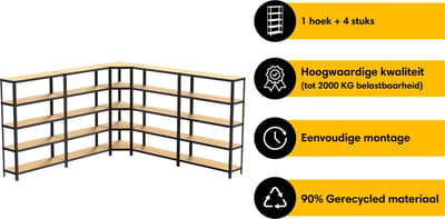 Life’s Green Stelling Set 120 cm - Opbergrek - Stellingkast - 4x 120*30*180 cm - 1x Hoekstelling - Zwart