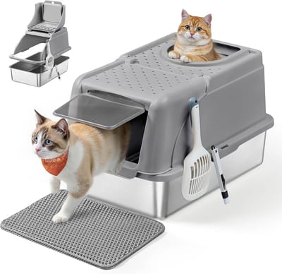 Feandrea - Kattenbak - Van Roestvrij Staal - Met Schommelklep en Dubbele Ingang - Lekvrij Ontwerp