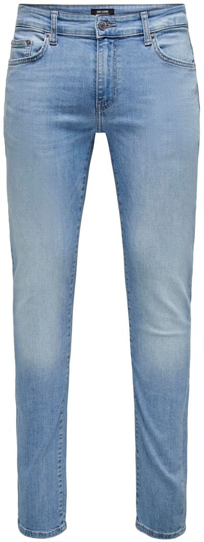 Only & Sons blauwe heren jeans   Loom   Stonewash wassing   Slim Fit   5-Pocket zakken   Knoop- en ritssluiting   Low waist Blauw 29/30