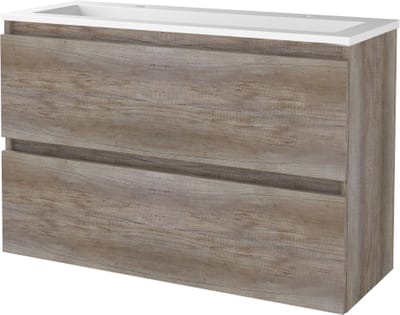 Basic Start 39 badmeubelset met greeploze wastafelonderkast met 2 lades en acryl wastafel met 2 kraangaten 100 x 39 cm, scotch oak