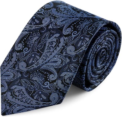 Zijden stropdas met marineblauw en lichtblauw paisleymotief | 8 cm