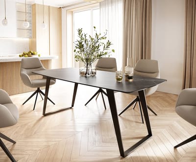 Eettafel Edge Bootsform keramiek Laminam® Noir Desir bruin 200x100 metaal schuin zwart