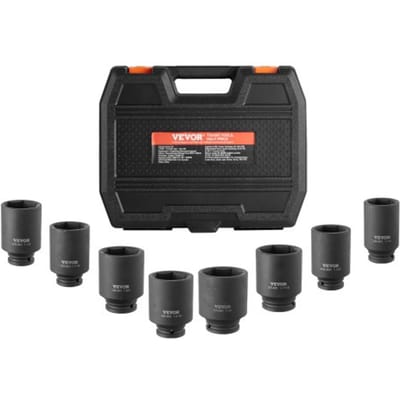 VEVOR Slagsleutelset voor asmoeren, 12,7 mm aandrijving, diepe 12-punts dopsleutelset, 8-delig, metrisch, CR-MO dopsleutelset met opbergkoffer, autoreparatie, zwart