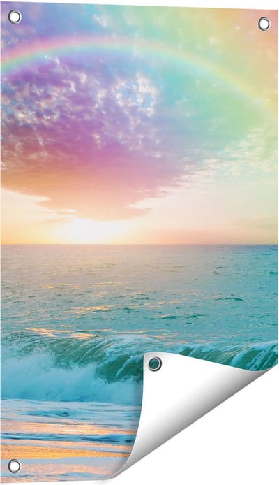 Gards Tuinposter Regenboog in het Water bij het Strand - 40x60 cm - Tuindoek - Tuindecoratie - Wanddecoratie buiten - Tuinschilderij