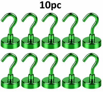 TLVX 10 stuks Haak magneet Groen 16mm x 36mm / Erg sterk / 7 KG trekkracht / Magnetische ophanghaak / Magneet met haak / Metalen haak / Deurmagneet haak voor sleutels / Koelkast magneet handdoek / Magneet gereedschap / Foto magneet met handdoekhaak
