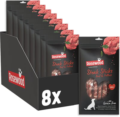 Rosewood Steak Sticks Rund en Koolvis Small - Kauwstaven - Met Runderhuid - Graanvrij - 8 x 90 g
