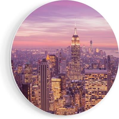 Artaza Forex Muurcirkel New York Skyline Met Lichten Bij Zonsondergang - 60x60 cm - Wandbord - Wandcirkel - Rond Schilderij - Wanddecoratie Cirkel
