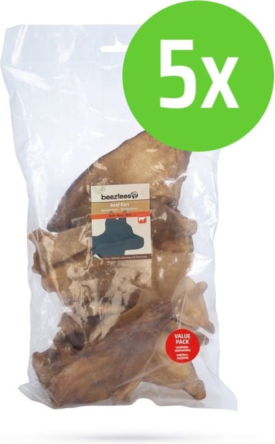 Beeztees Runderoren Voordeel - hondensnack - 12 stuks - 5 zakken