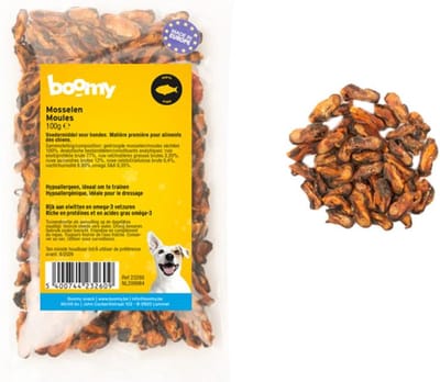 Boomy - Natuurlijke hondensnacks - Hondensnoepjes - Hondenkoekjes - Trainingssnacks hond - Gedroogde mosselen - 100g