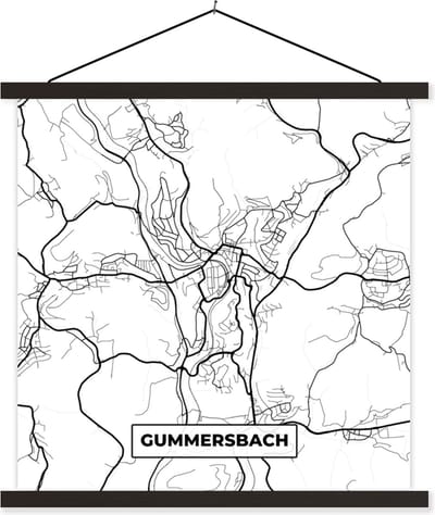 Posterhanger incl. Poster 60x60 cm - Schoolplaat - Plattegrond - Kaart - Gummersbach - Stadskaart - Textielposter - Zwarte latten - Stadskaart