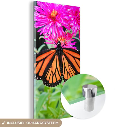 MuchoWow® Glasschilderij 20x40 cm - Schilderij acrylglas - Vlinder - Botanisch - Bloemen - Foto op glas - Schilderijen