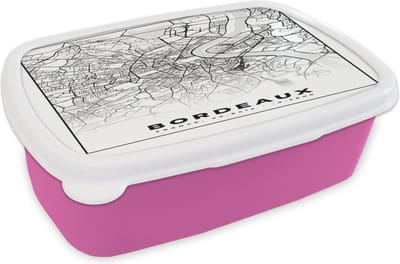 Broodtrommel Roze - Lunchbox - Brooddoos - Kaart - Stadskaart - Frankrijk - Bordeaux - Plattegrond - Zwart wit - 18x12x6 cm - Kinderen - Meisje