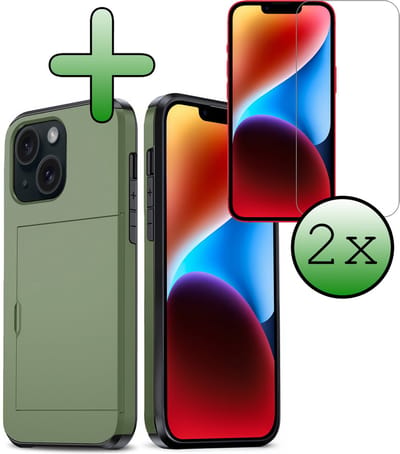 Hoes Geschikt voor iPhone 14 Hoesje Hard Case Met Pas Houder Met 2x Screenprotector - Hoesje Geschikt voor iPhone 14 Hoes Shockproof Hard Cover Met Kaarthouder - Donkergroen