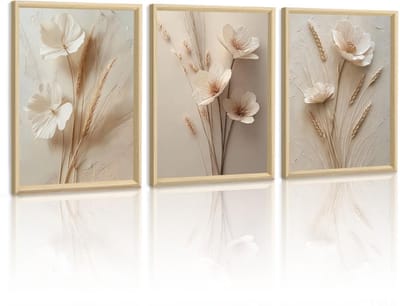 Canvas Muurkunst Ingelijst, Set van 3 Beige Wit Bloemen Canvas Foto's, Moderne Minimalistische Bloemen Schilderij voor Woonkamer Slaapkamer Gang Trap Huis Muurdecoratie 40x60cmx3