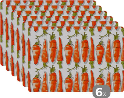 Placemat - Placemats kunststof - Wortel - Groenten - Patronen - 45x30 cm - 6 stuks - Hittebestendig - Anti-Slip - Onderlegger - Afneembaar