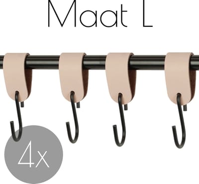 4x Leren S-haak hangers - Handles and more® | NATUREL - maat L (Leren S-haken - S haken - handdoekkaakje - kapstokhaak - ophanghaken)