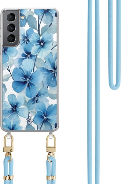 Casimoda® hoesje met koord - Geschikt voor Samsung S21 - Indigo Gardens - Afneembaar koord - TPU/polycarbonaat - Blauw