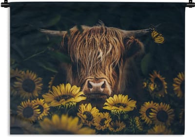 Wandkleed - Wanddoek - Schotse hooglander - Bloemen - Koe - Botanisch - Dieren - 120x90 cm - Wandtapijt