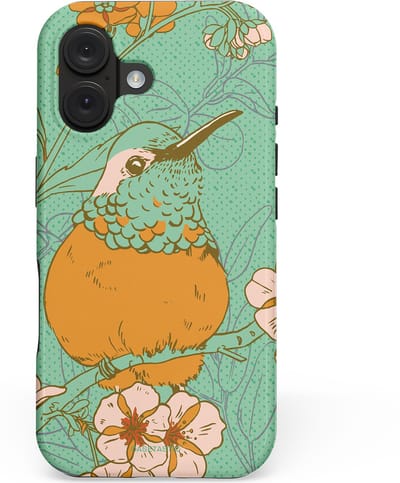 Casetastic hoesje geschikt voor Apple iPhone 16 - MagSafe - Dubbellaagse bescherming - Bloesem Kolibrie - Fashion Case - Mintgroen Okergeel Zand