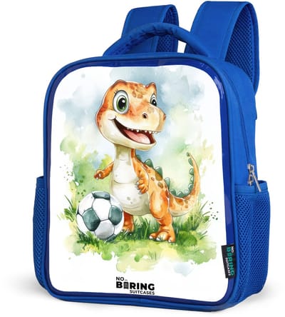 NoBoringSuitcases.com® - Rugzak blauw - Schooltas jongens - Dino met voetbal in kleurrijk veld - Kinder rugtas jongen - Boekentas kind - Kinderrugzak voor school - Schoolrugzak