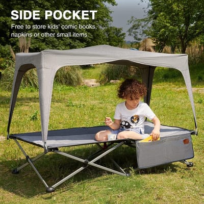 Stunq® Kinderbed Opvouwbaar met Dak Kampeerbed voor Kinderen 64 kg Draagvermogen, Opvouwbaar Reisbed 131 cm x 69 cm x 32 cm, Draagbaar Opklapbed met Zijvak voor Binnen, Kamperen.