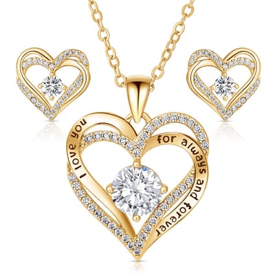 Juwelium Sieradenset + Flowerbox Geschenkset | Luxe Goldplated I Love You Hartjes Ketting en Oorbellen met Zirkonia | Perfect Cadeau voor Vrouw, Vriendin, Moeder, Dochter