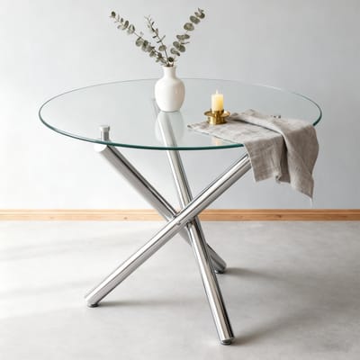 Wishdor - Ronde Eettafel - Gehard Glas - Kruispoot - Minimalistisch - Glas En Metaal - Zilver - 80 X 80 X 76 Cm