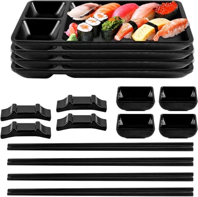 Dailygoods- Sushi Set 16-delig - Zwart Melamine - 4 Sushi-borden - 4 Dipschalen - 4 Paar Sushi-stokjes - Antislip Punt - Sushiservies