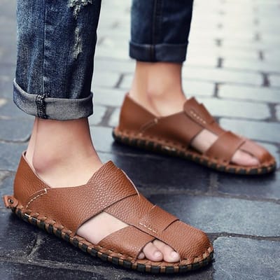 Zomer Nieuwe Heren Sandalen Pomp Strand Schoenen Britse Stijl Casual Schoenen Echt Leer Sandalen Heren 45 bruin
