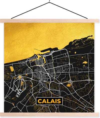 Posterhanger incl. Poster 40x40 cm - Schoolplaat - Kaart – Calais - Plattegrond – Frankrijk – Stadskaart - Textielposter - Blanke latten - Stadskaart