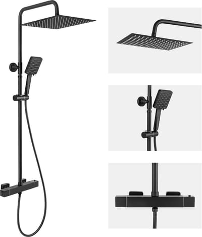 DERW Max Regendouche - Ø 30 cm - Handdouche Met 6 standen - Inclusief thermostaatkraan - Doucheset Zwart - Waterbesparend - Zwart