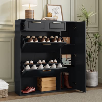 REDOM - Schoenenkast - Verstelbare planken - Met lades, klepdeur en open vakken - Klassieke stijl - Hal - MDF en spaanplaat - Zwart - 95 x 24 x 107 cm