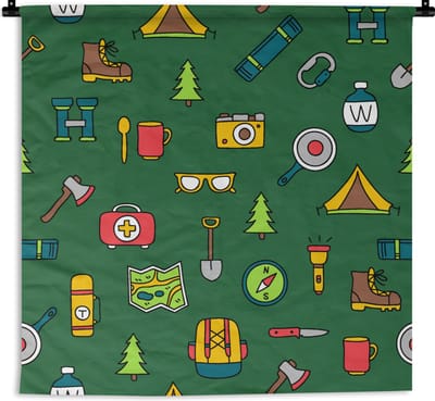 Wandkleed - Wanddoek - Kamperen - Tent - Bijl - Backpack - 90x90 cm - Wandtapijt