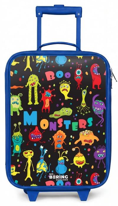 NoBoringSuitcases.com® - Kinderkoffer blauw - Kindertrolley jongen - Patroon van monsters - Koffer kind lichtgewicht - Reiskoffer trolley voor kinderen - Koffertje met lichtgevende wieltjes - Rolkoffer