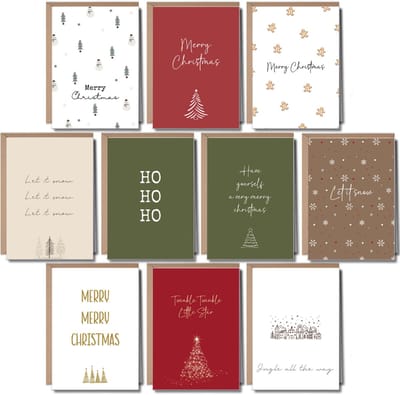 10 Luxe Kerstkaarten met Enveloppen - Wenskaarten Set Kerst - Kerstkaartjes - Nieuwjaarskaarten - Blanco - Aardse Kleuren - A6