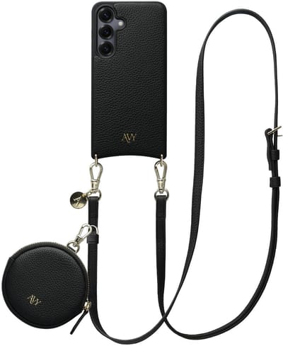 AVY Leren Hoesje geschikt voor Samsung Galaxy S25 / S24 | Met Koord en Mini Telefoontasje | Compatibel met MagSafe | Leather Case met 130CM Koord & Pouch | Long Leather | Zwart