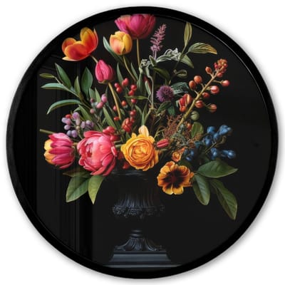 Poster in lijst Rond - Fotolijst 40x40 cm - Posters - Tulpen - Bessen - Boeket - Vaas - Ronde posterlijst zwart - Decoratie - Wanddecoratie woonkamer - Muurdecoratie slaapkamer
