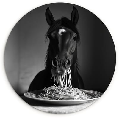 WallCircle® Wandcirkel 60x60 cm - Muurcirkel Paard - Bord - Pasta - Tafelkleed - Zwart Wit - Dieren - Muurdecoratie woonkamer - Wanddecoratie keuken - Kamer decoratie accessoires - Ronde schilderijen