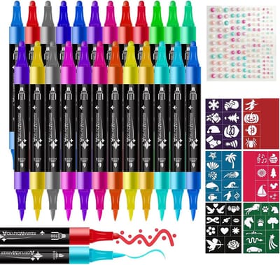 Tatoeage Stiften Set Kind | 24 Kleuren Tijdelijke Huidvriendelijke Tattoos met Sjabloon & 3D Stickers