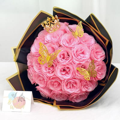 26-Delige Kunstbloemen Rozenboeket Glitter Roze - Bruidsboeketten & Decoratie