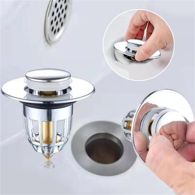 Universele Terugslag Afvoerplug Filter Wastafel Pop-up Chroom Gootsteenfilter met Haarvanger Badkamer Wastafel Afvoerstop Eenvoudig Druktype 1pc zilver