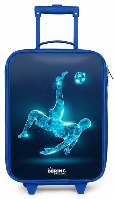 NoBoringSuitcases.com® - Kinderkoffer blauw - Kindertrolley jongen - Omhaal in blauw neonvoetbal - Koffer kind lichtgewicht - Reiskoffer trolley voor kinderen - Koffertje met lichtgevende wieltjes - Rolkoffer