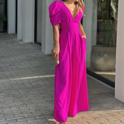 Nieuwe Lente Dames Mode Stijl Geplooide Sexy V-hals Hoge taille Jumpsuit L purple